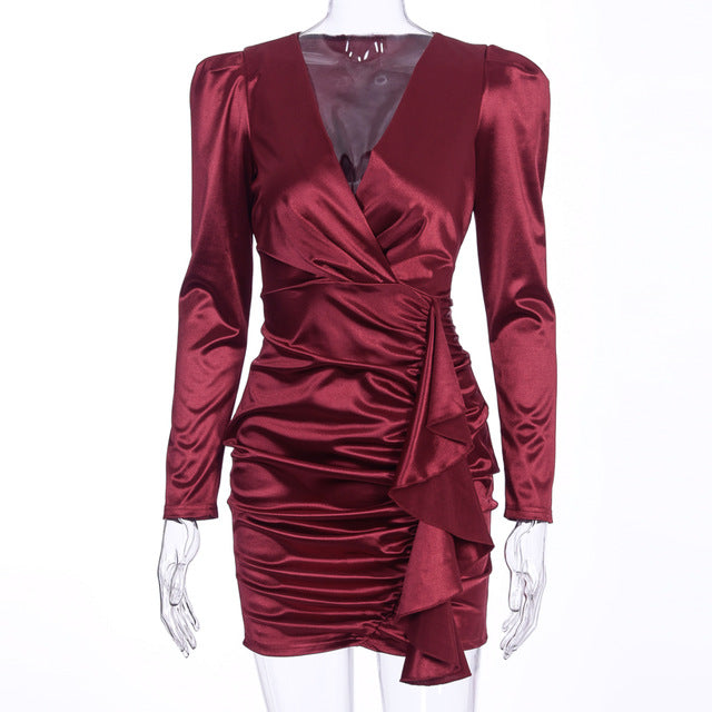 Hugcitar 2020 satin long sleeve V-neck ruched ruffles patchwork sexy dress spring summer women party outfits