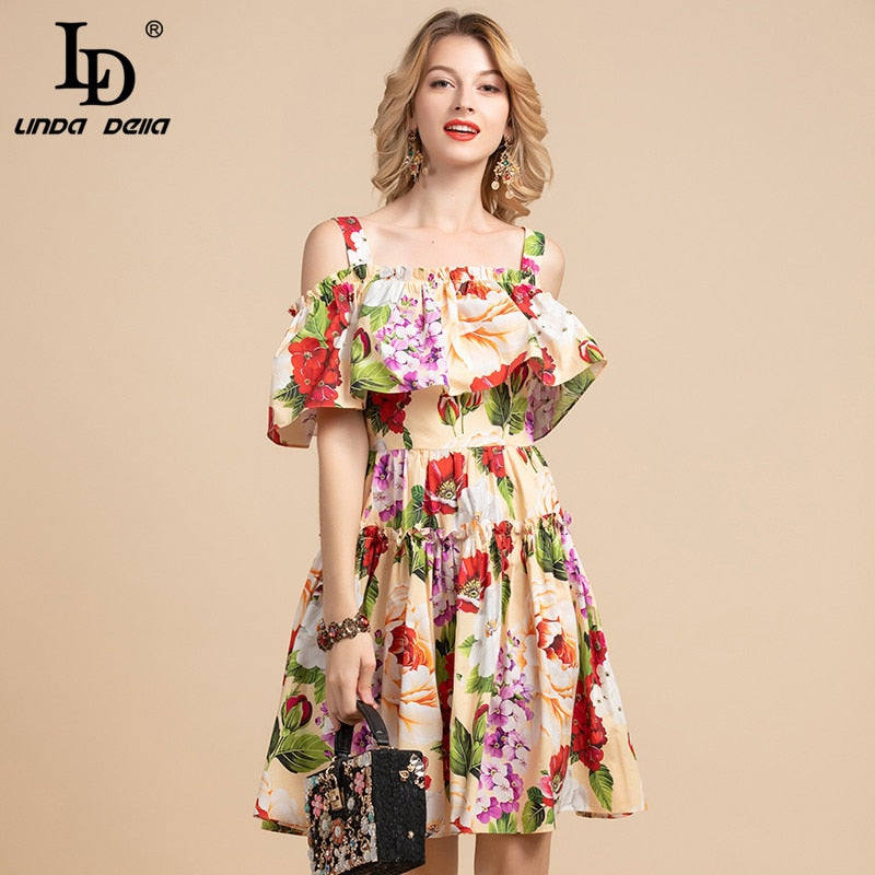LD LINDA DELLA Fashion Designer Summer Dress Women's Spaghetti Strap Cotton Floral Print Ruffles Boho Holiday Elegant Dress