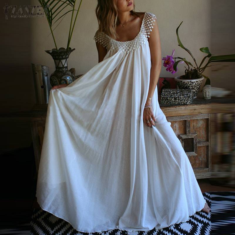 2020 Fashion ZANZEA Women Sleeveless Lace Patchwork Long Maxi Dress Ladies Sexy Summer Sundress Beach Party Robe Whte Dresses