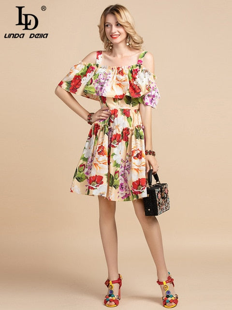 LD LINDA DELLA Fashion Designer Summer Dress Women's Spaghetti Strap Cotton Floral Print Ruffles Boho Holiday Elegant Dress