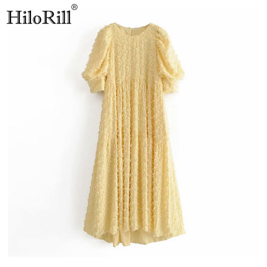 Women Elegant O Neck Long Dress 2020 Puff Short Sleeve Loose Casual Dress Ladies Yellow Pleated Midi Dresses Vestidos Mujer