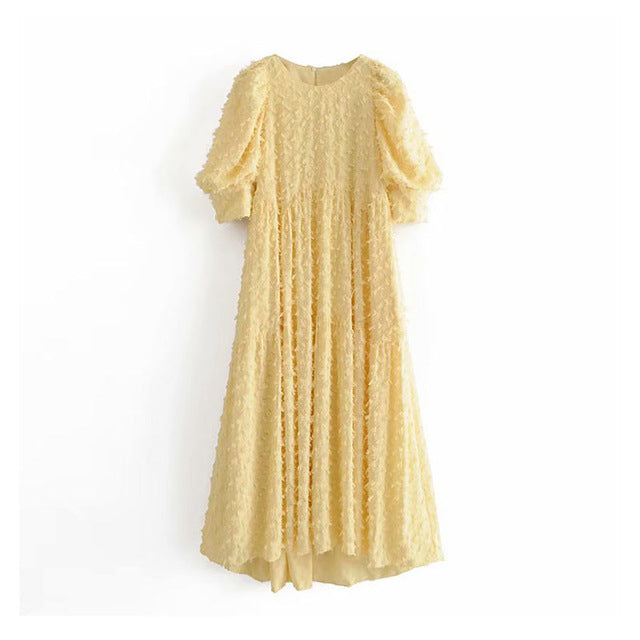 Women Elegant O Neck Long Dress 2020 Puff Short Sleeve Loose Casual Dress Ladies Yellow Pleated Midi Dresses Vestidos Mujer