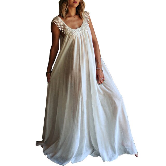 2020 Fashion ZANZEA Women Sleeveless Lace Patchwork Long Maxi Dress Ladies Sexy Summer Sundress Beach Party Robe Whte Dresses