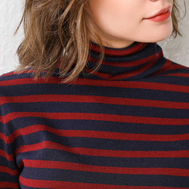 Duckwaver Striped Turtleneck Pullover Women 2020 Winter Thick Sweater Red Korean Ladies Knitted Sweater Black Top Pull Femme