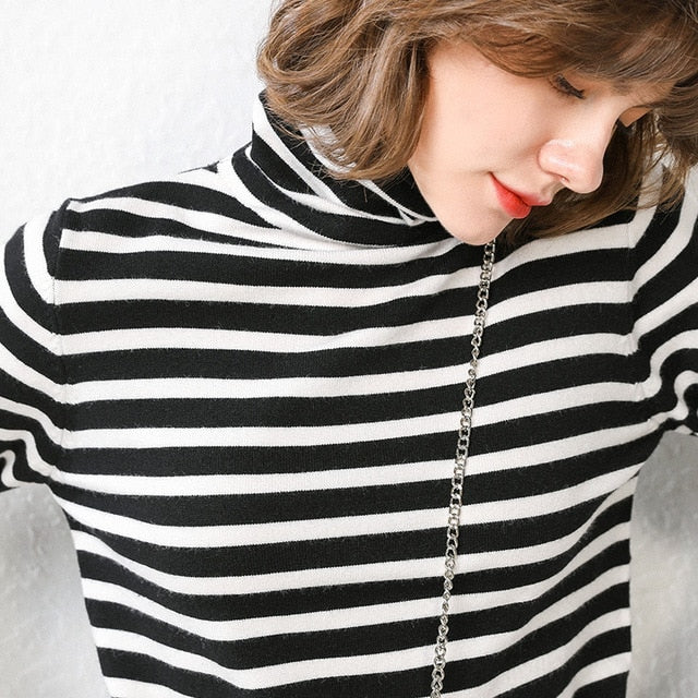 Duckwaver Striped Turtleneck Pullover Women 2020 Winter Thick Sweater Red Korean Ladies Knitted Sweater Black Top Pull Femme