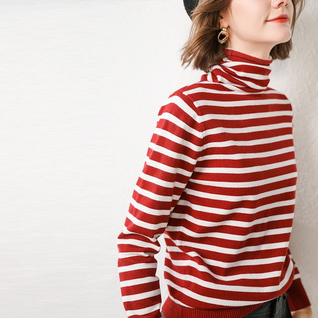 Duckwaver Striped Turtleneck Pullover Women 2020 Winter Thick Sweater Red Korean Ladies Knitted Sweater Black Top Pull Femme