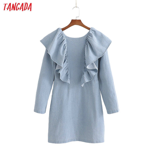 Tangada fashion women blue denim jeans dress ruffles backless long sleeve ladies vintage short dress vestidos 1D30