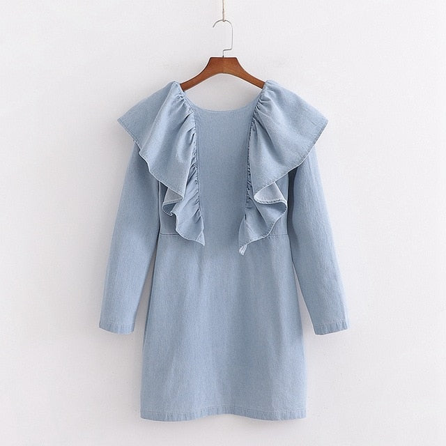 Tangada fashion women blue denim jeans dress ruffles backless long sleeve ladies vintage short dress vestidos 1D30