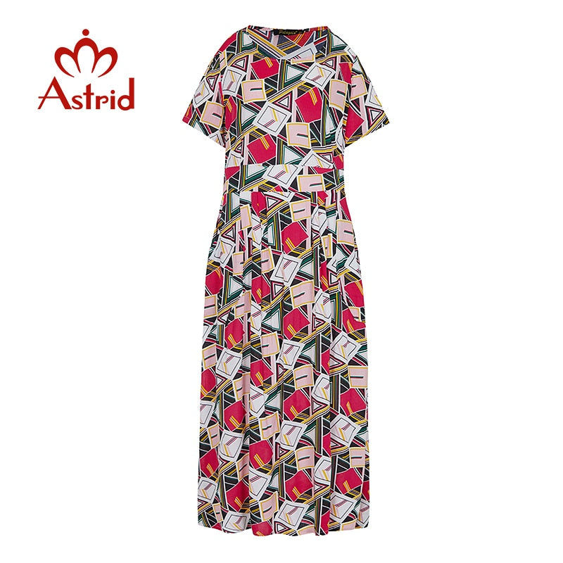 Astrid 2020 spring summer dresses print Elastic waist cotton O-Neck long Vintage dress short sleeve Women's Clothing F5188-16