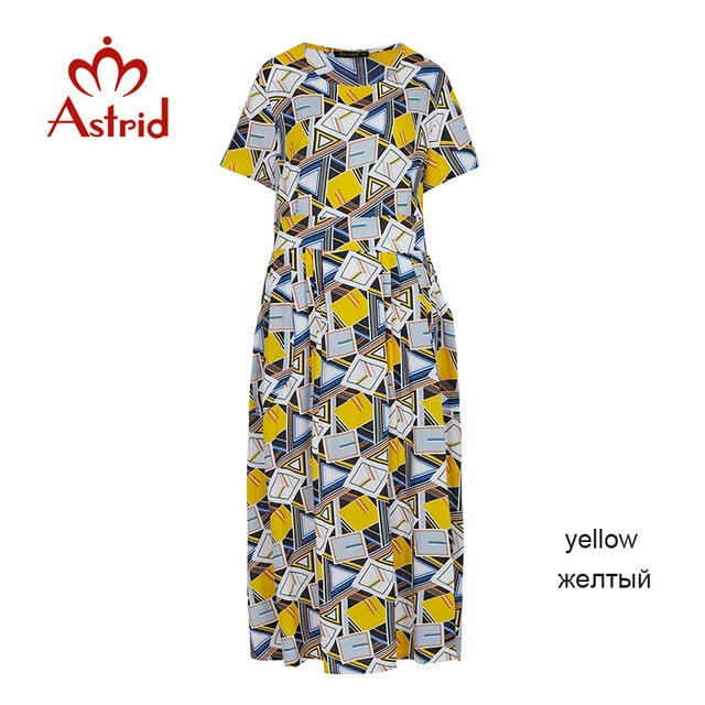 Astrid 2020 spring summer dresses print Elastic waist cotton O-Neck long Vintage dress short sleeve Women's Clothing F5188-16