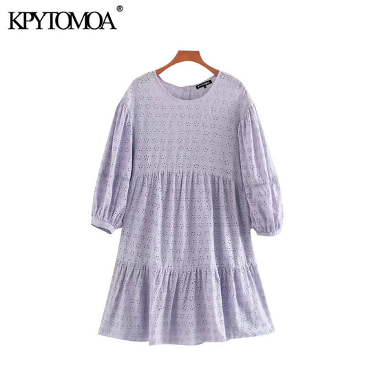 KPYTOMOA Women 2020 Chic Fashion Hollow Out Embroidery Ruffled Mini Dress Vintage O Neck Lantern Sleeve Female Dresses Vestidos