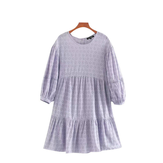 KPYTOMOA Women 2020 Chic Fashion Hollow Out Embroidery Ruffled Mini Dress Vintage O Neck Lantern Sleeve Female Dresses Vestidos